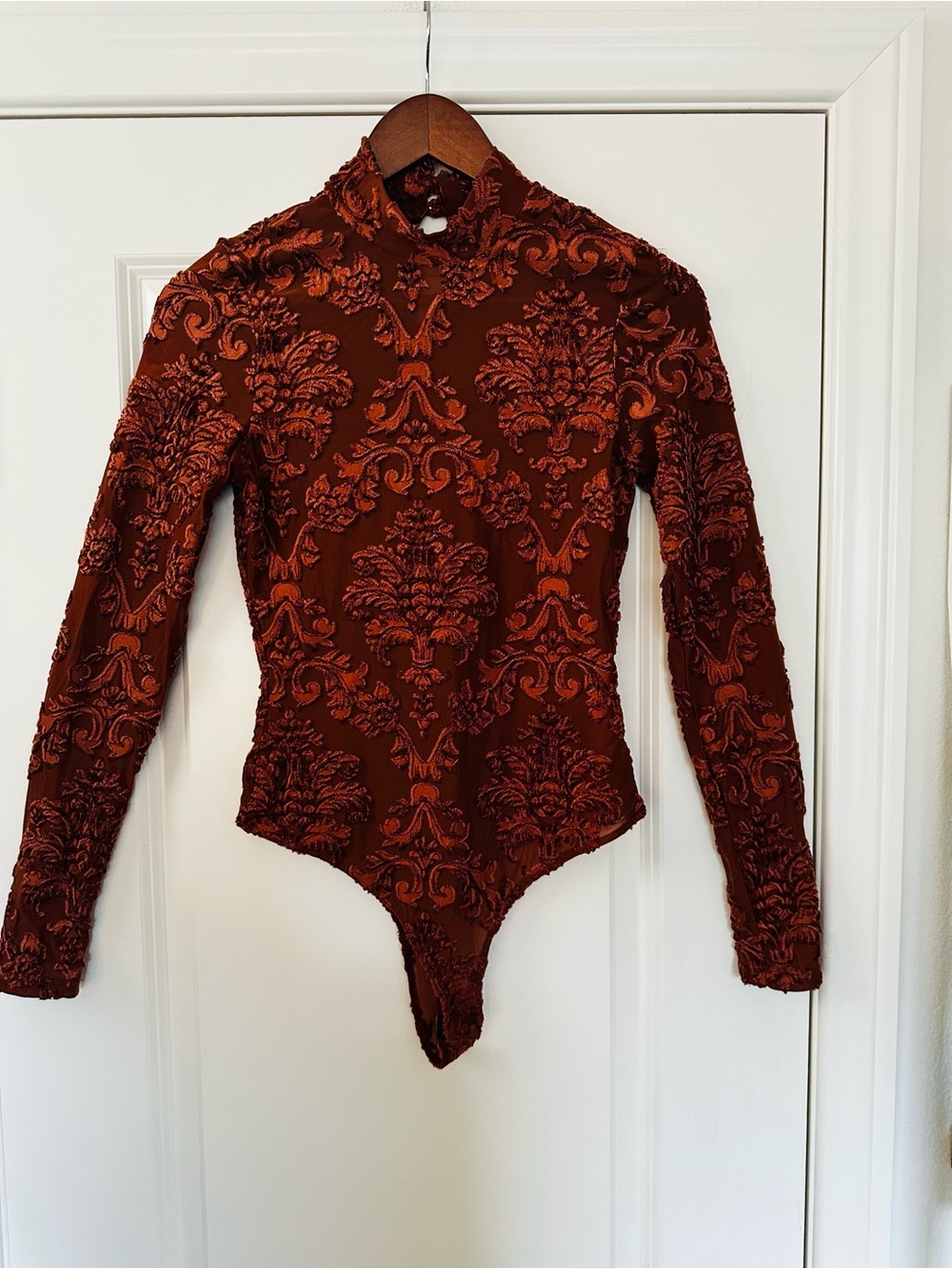 Iris Burnt Orange Velvet Filigree Mesh Mock Neck Bodysuit Romantic Fall Medium